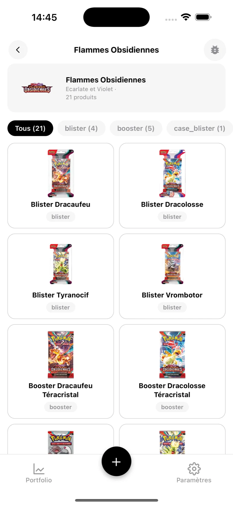 Page de la série Flammes Obsidiennes dans BoostaCote avec ses 21 produits filtrables par type