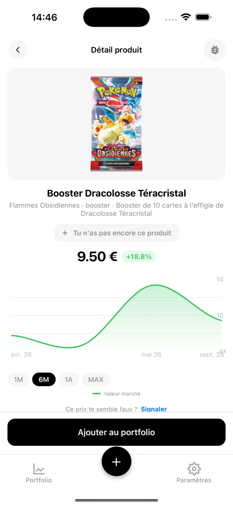 Fiche du Booster Dracolosse Téracristal Flammes Obsidiennes dans BoostaCote sur la période 6 mois