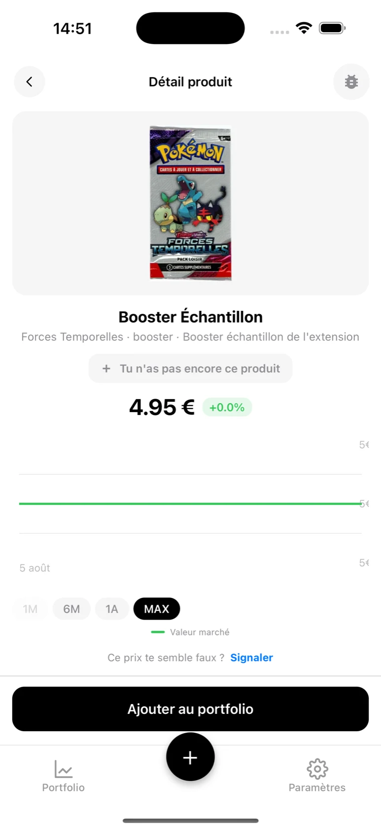 Fiche du Booster Échantillon Forces Temporelles dans BoostaCote avec sa courbe en hausse sur l'historique complet