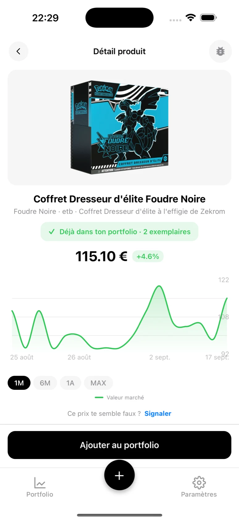 Fiche du Coffret Dresseur d'élite Foudre Noire dans BoostaCote avec son prix et sa courbe en hausse sur 1 mois