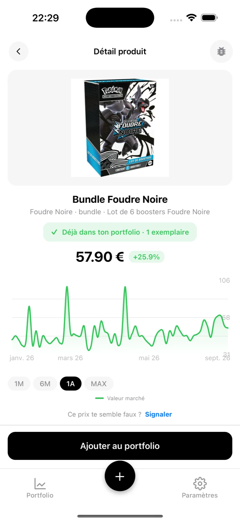 Fiche du Bundle Foudre Noire dans BoostaCote avec son prix et sa courbe en hausse sur 1 an
