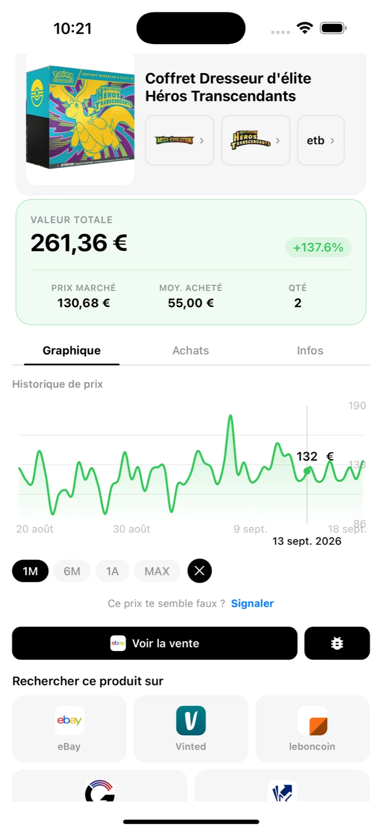 Fiche portfolio BoostaCote d'un Coffret Dresseur d'élite Héros Transcendants avec sa valeur totale et sa plus-value
