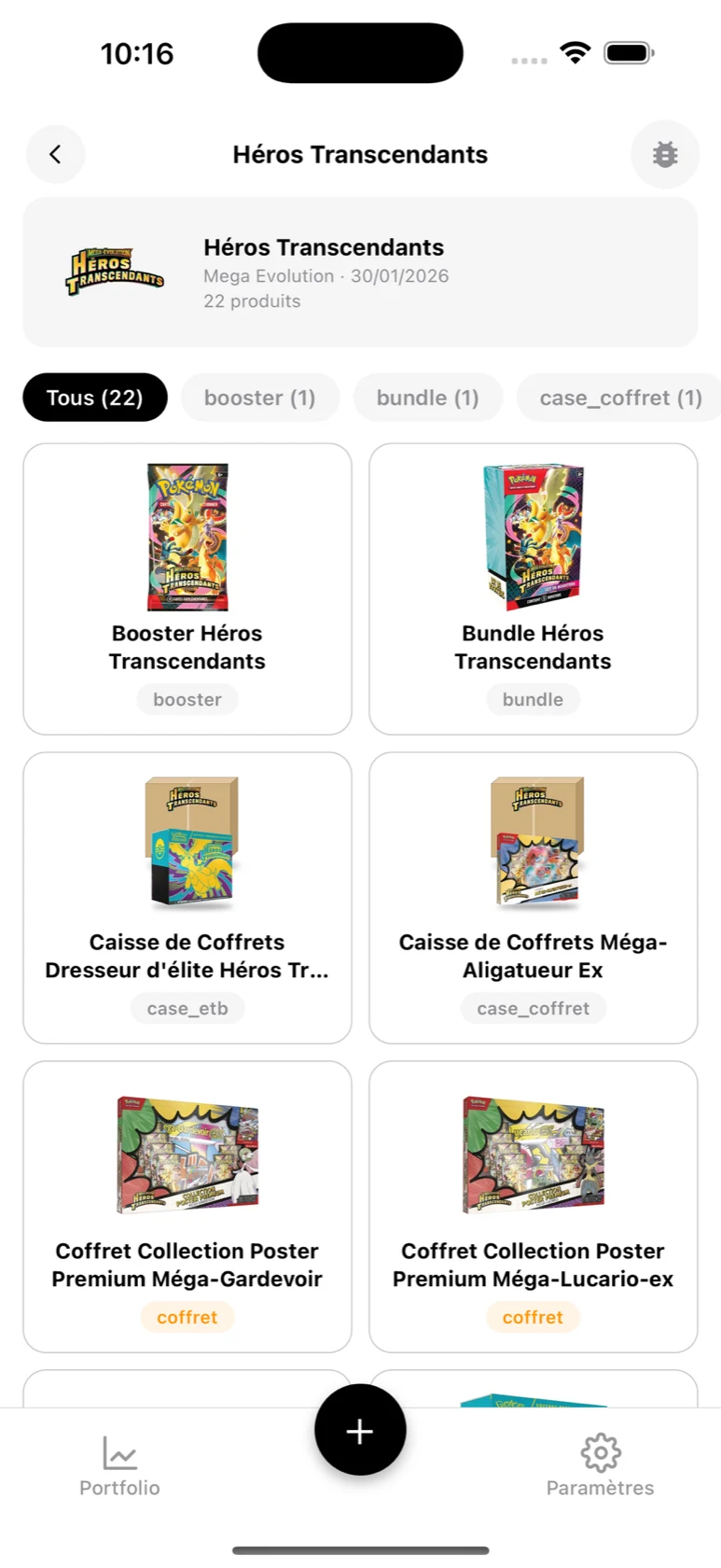 Page de la série Héros Transcendants dans BoostaCote avec ses 22 produits filtrables par type