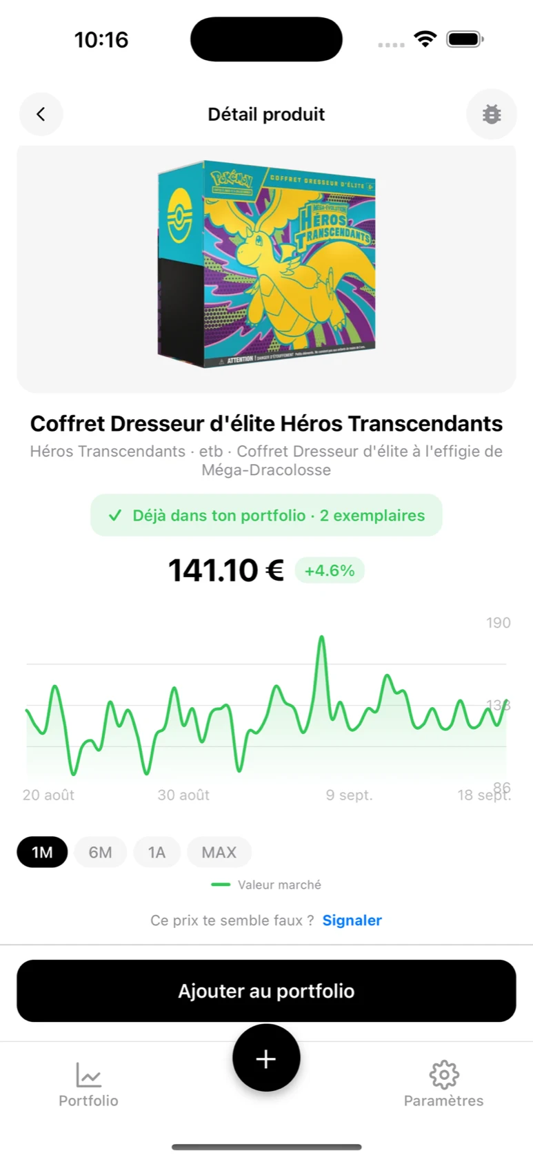 Fiche du Coffret Dresseur d'élite Héros Transcendants dans BoostaCote avec son prix et sa courbe