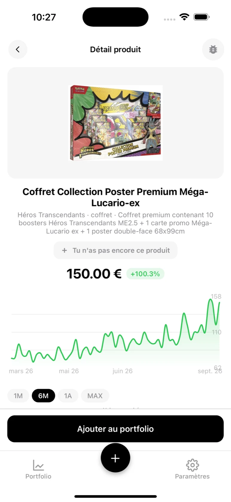 Fiche du Coffret Collection Poster Premium Méga-Lucario-ex dans BoostaCote avec sa courbe sur 6 mois