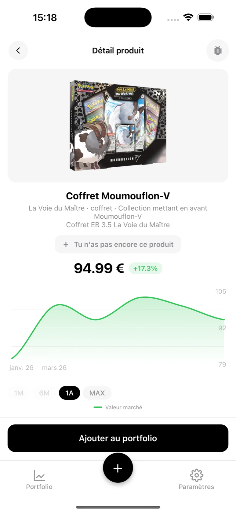 Fiche du Coffret Moumouflon-V dans BoostaCote avec son prix et sa courbe sur 1 an
