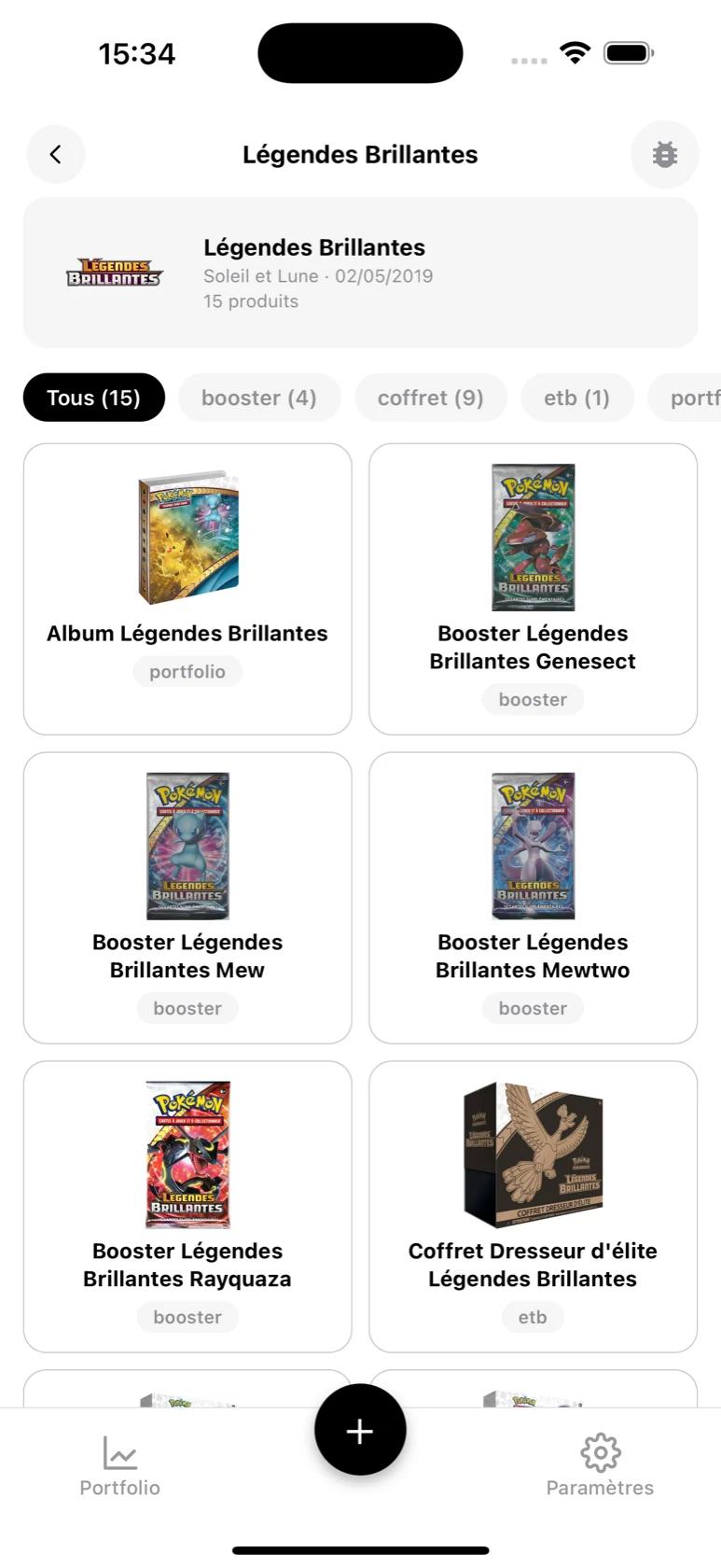 Page de la série Légendes Brillantes dans BoostaCote avec ses produits filtrables par type