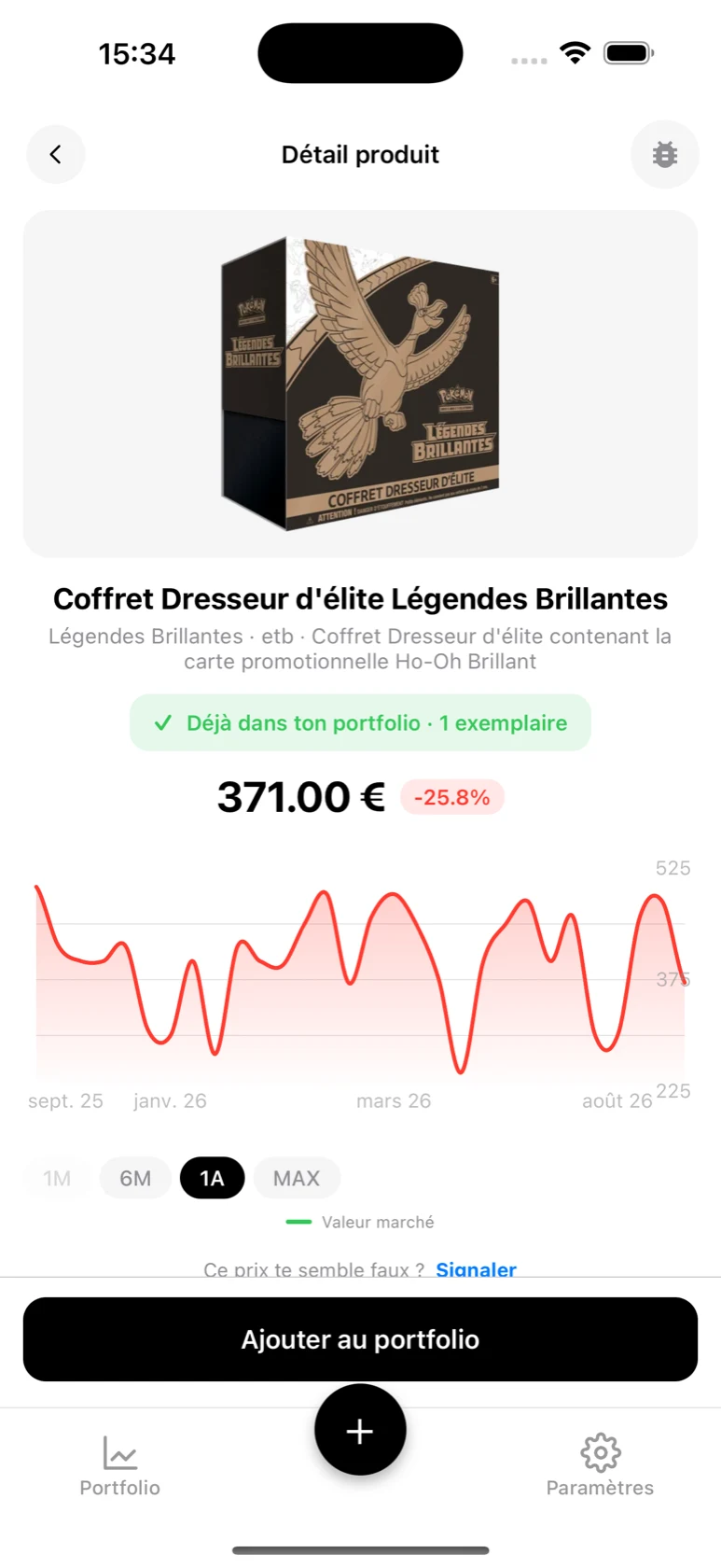 Fiche du Coffret Dresseur d'élite Légendes Brillantes dans BoostaCote avec sa courbe en hausse sur 1 an