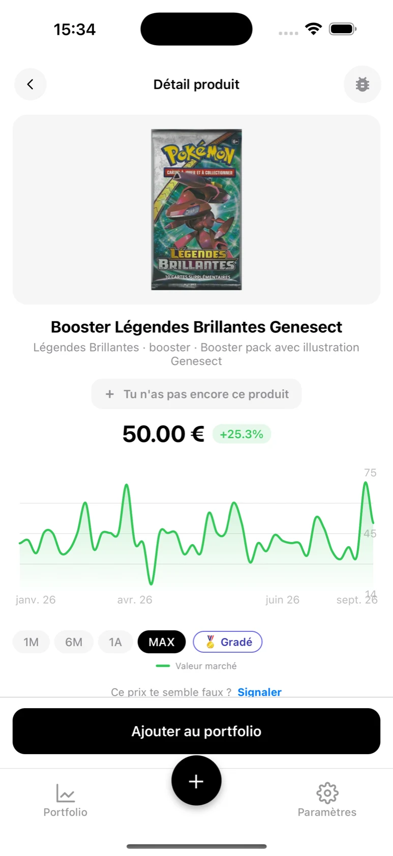 Fiche du Booster Légendes Brillantes Genesect dans BoostaCote avec sa courbe en hausse sur tout l'historique