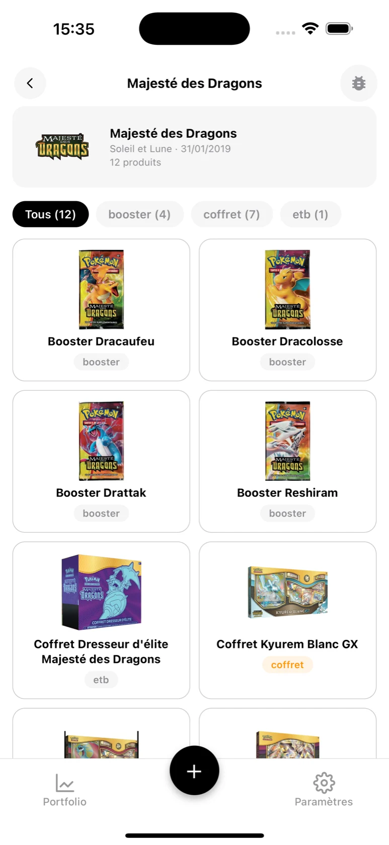 Page de la série Majesté des Dragons dans BoostaCote avec ses coffrets filtrables par type