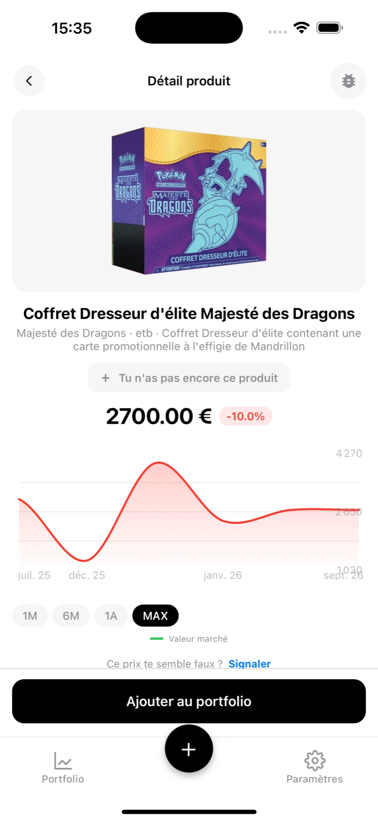 Fiche du Coffret Dresseur d'élite Majesté des Dragons dans BoostaCote avec sa courbe sur tout l'historique, en hausse