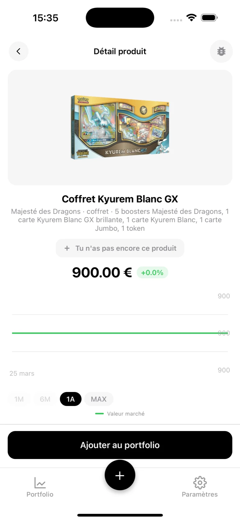 Fiche du Coffret Kyurem Blanc GX Majesté des Dragons dans BoostaCote avec sa courbe sur 1 an, en hausse