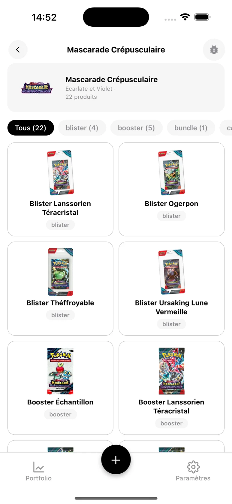 Page de la série Mascarade Crépusculaire dans BoostaCote avec ses produits filtrables par type