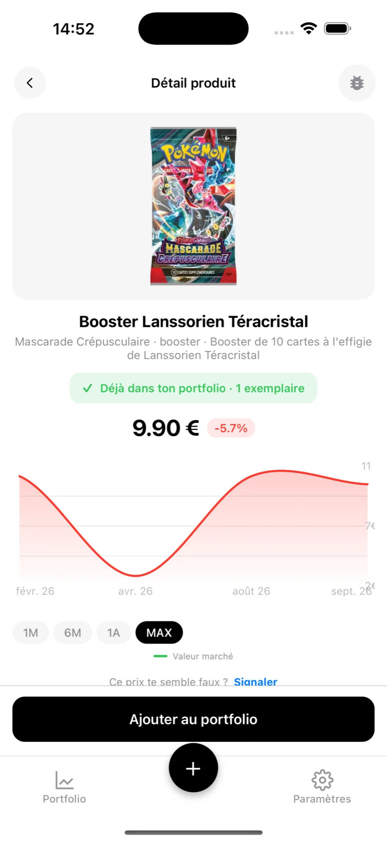 Fiche du Booster Lanssorien Téracristal dans BoostaCote avec son prix et sa courbe sur tout l'historique