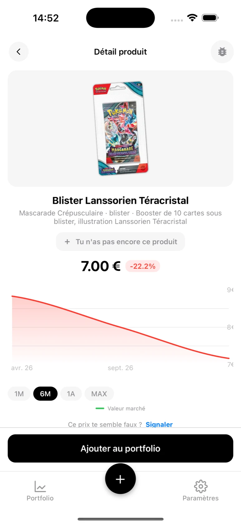 Fiche du Blister Lanssorien Téracristal dans BoostaCote avec sa courbe sur 6 mois