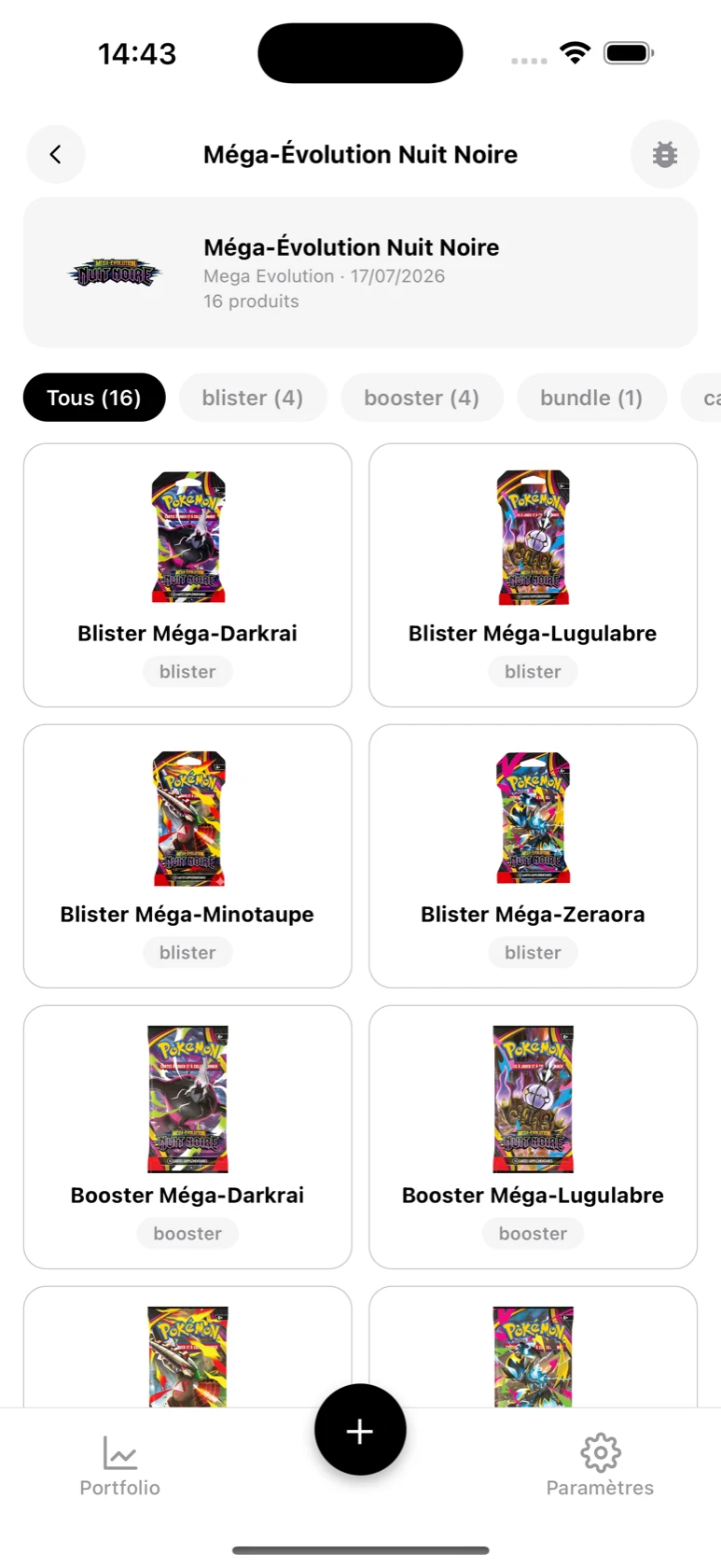 Page de la série Méga-Évolution Nuit Noire dans BoostaCote avec ses produits filtrables par type
