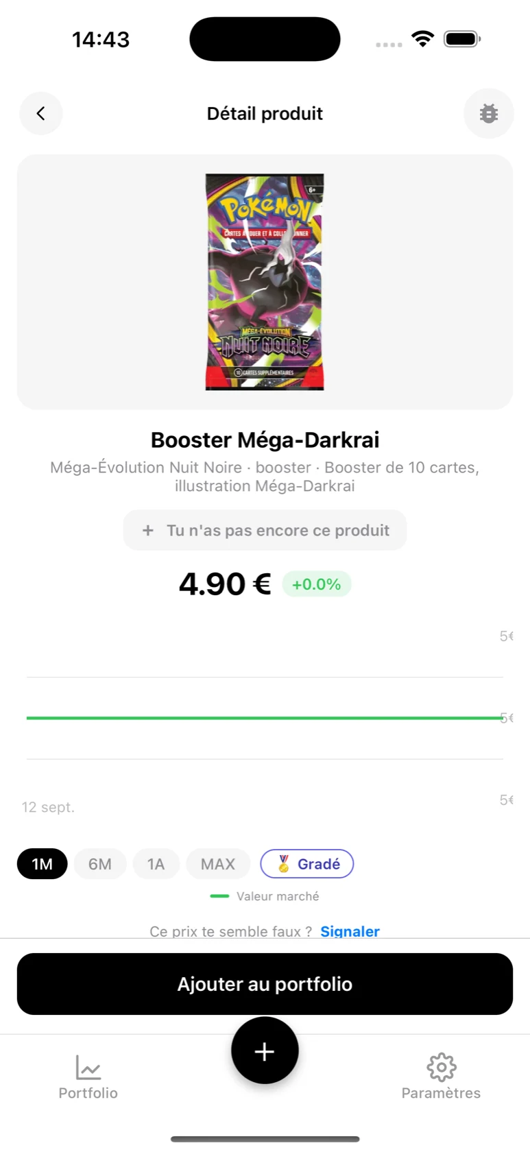 Fiche du Booster Méga-Darkrai dans BoostaCote avec sa courbe en hausse sur 1 mois