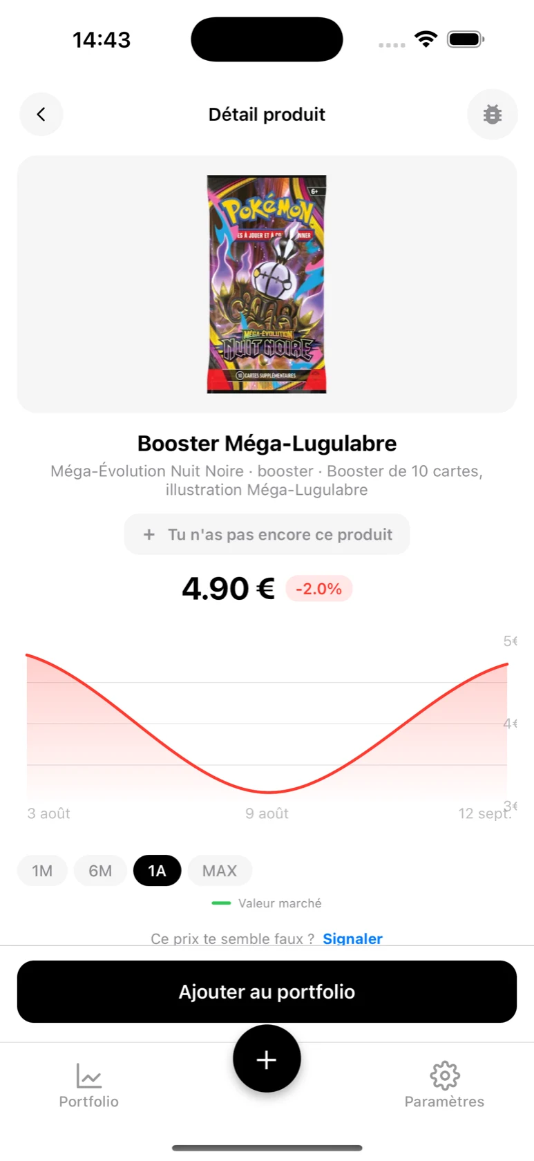 Fiche du Booster Méga-Lugulabre dans BoostaCote avec sa courbe en baisse sur 1 an