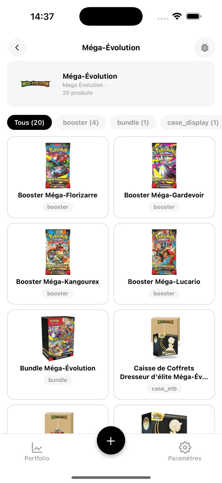 Page de la série Méga-Évolution dans BoostaCote avec ses 20 produits filtrables par type