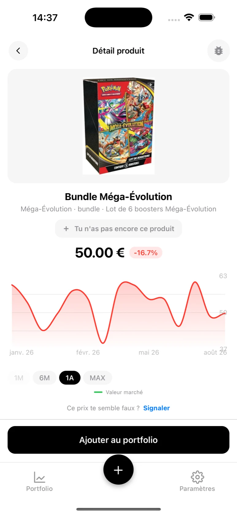 Fiche du Bundle Méga-Évolution dans BoostaCote avec son prix et sa courbe sur 1 an, orientée à la baisse