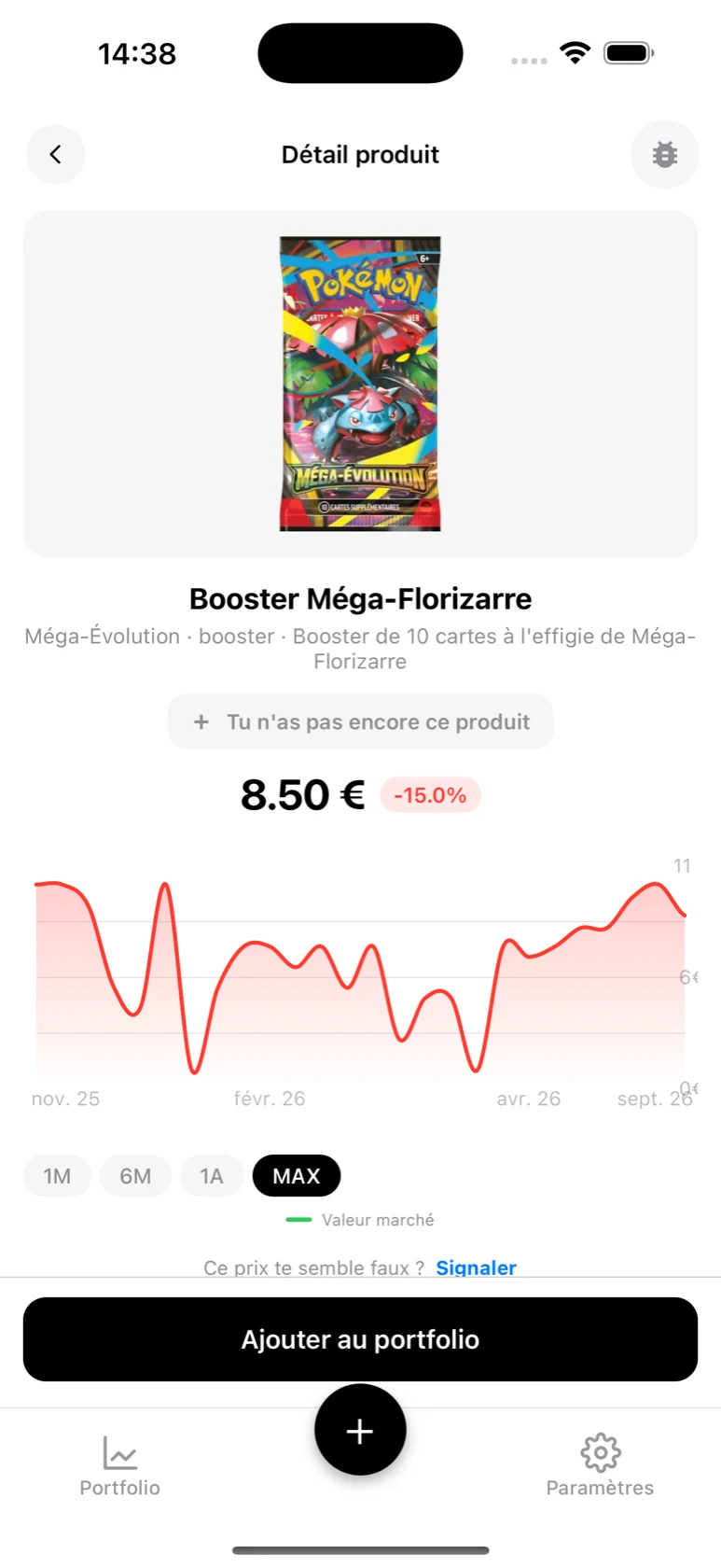 Fiche du Booster Méga-Florizarre dans BoostaCote avec sa courbe sur tout l'historique, orientée à la hausse