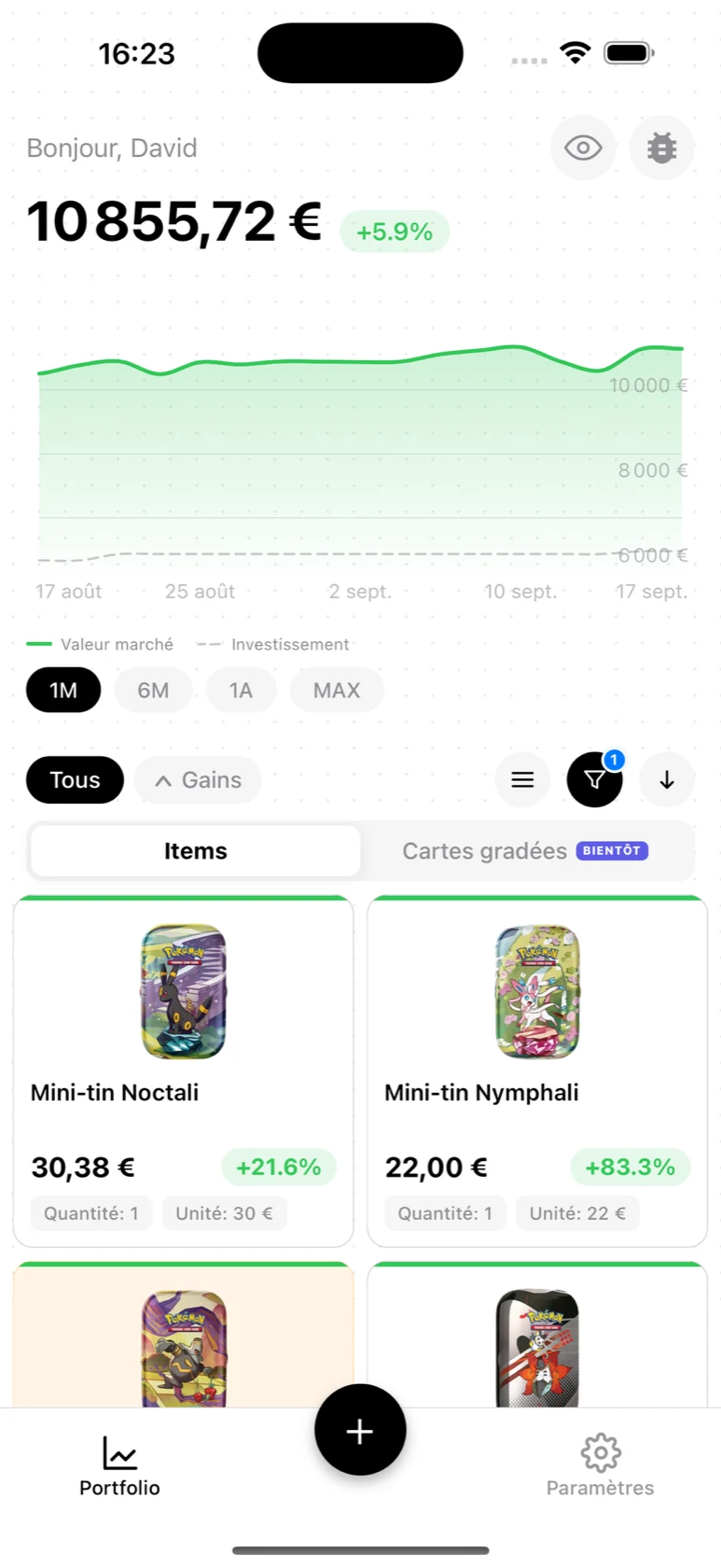 Portfolio BoostaCote avec des mini-tins Pokémon et la valeur de la collection