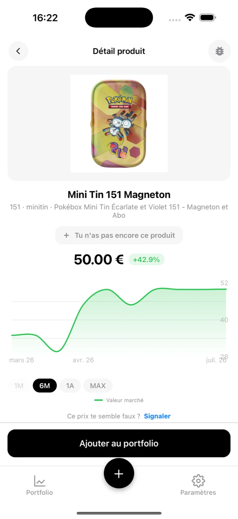 Fiche produit BoostaCote de la mini-tin 151 Magneton avec sa courbe de prix