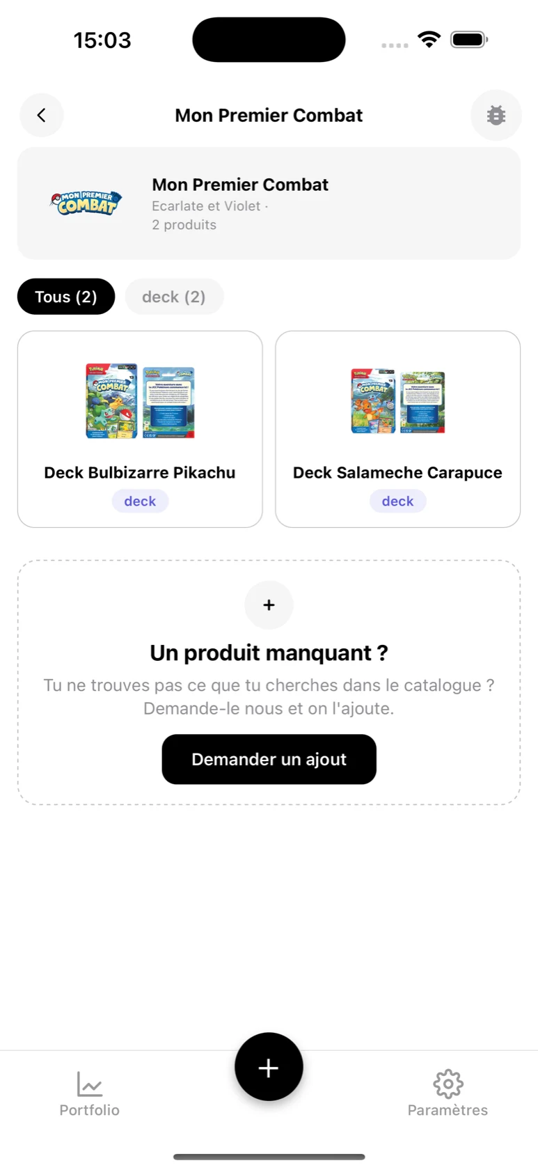 Page de la série Mon Premier Combat dans BoostaCote avec ses deux decks filtrables par type