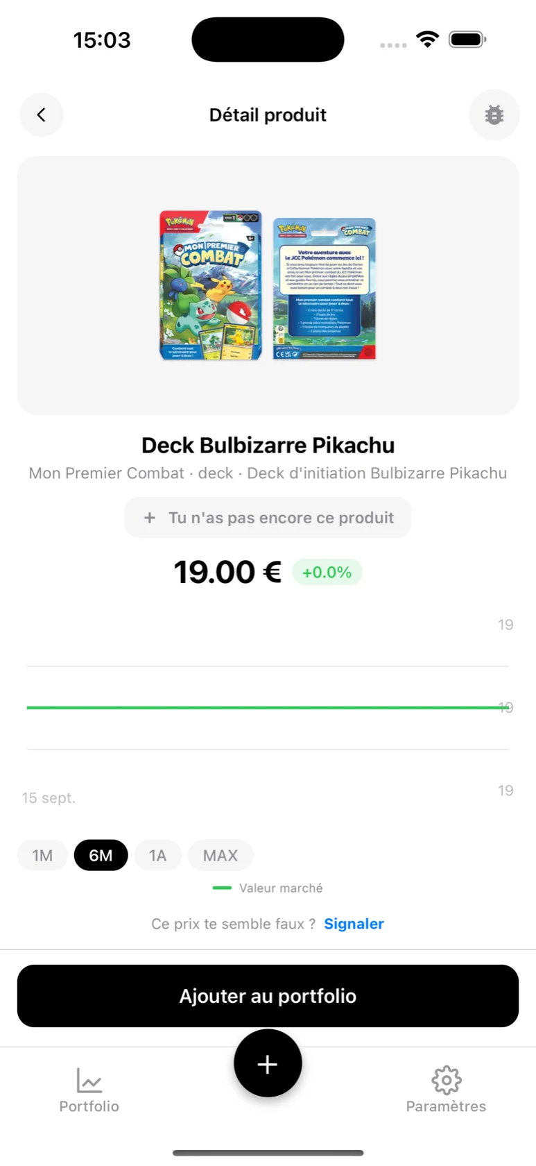 Fiche du Deck Bulbizarre Pikachu Mon Premier Combat dans BoostaCote avec son prix et sa courbe sur 6 mois