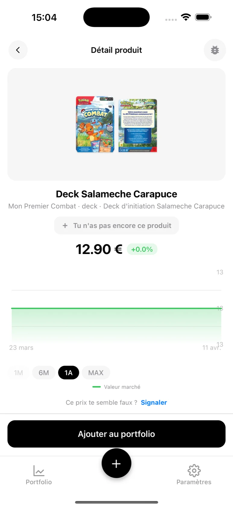 Fiche du Deck Salamèche Carapuce Mon Premier Combat dans BoostaCote avec sa courbe sur 1 an