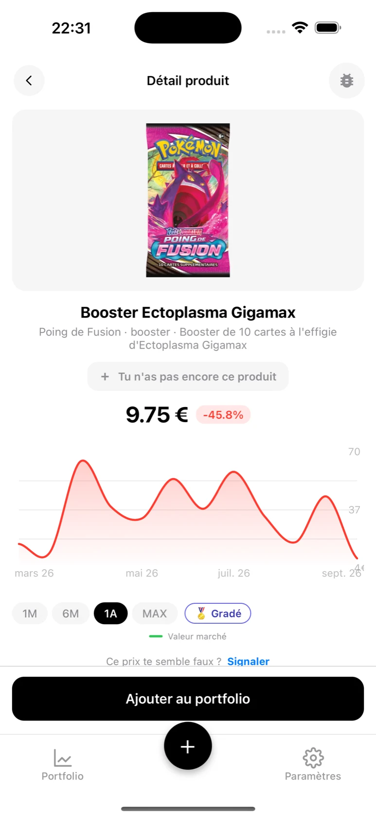 Fiche du Booster Ectoplasma Gigamax dans BoostaCote avec son prix et sa courbe sur 1 an, en baisse
