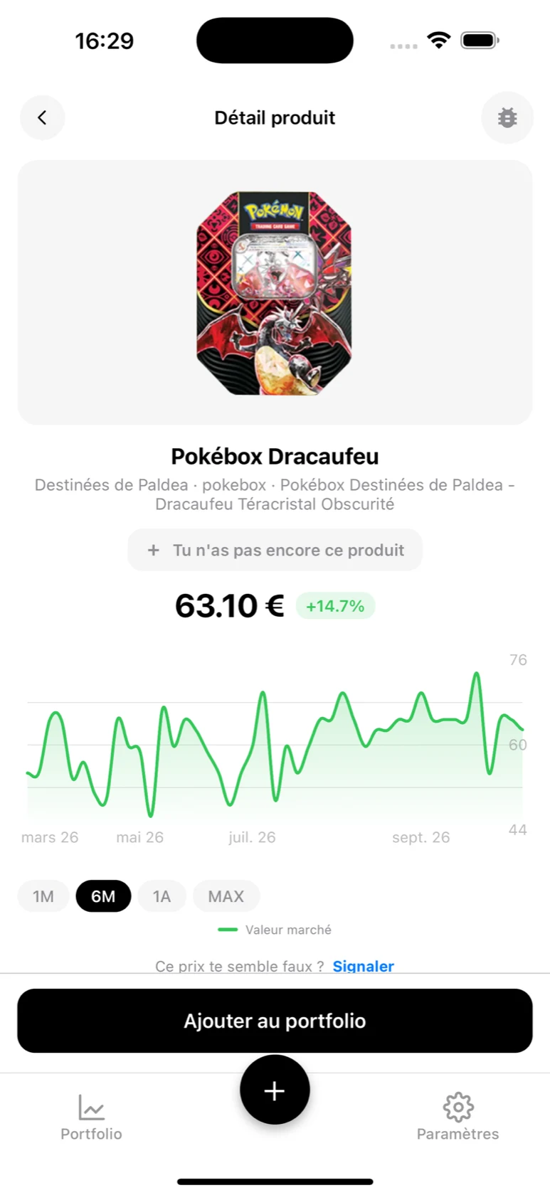 Fiche produit BoostaCote de la Pokébox Dracaufeu Destinées de Paldea avec sa courbe de prix