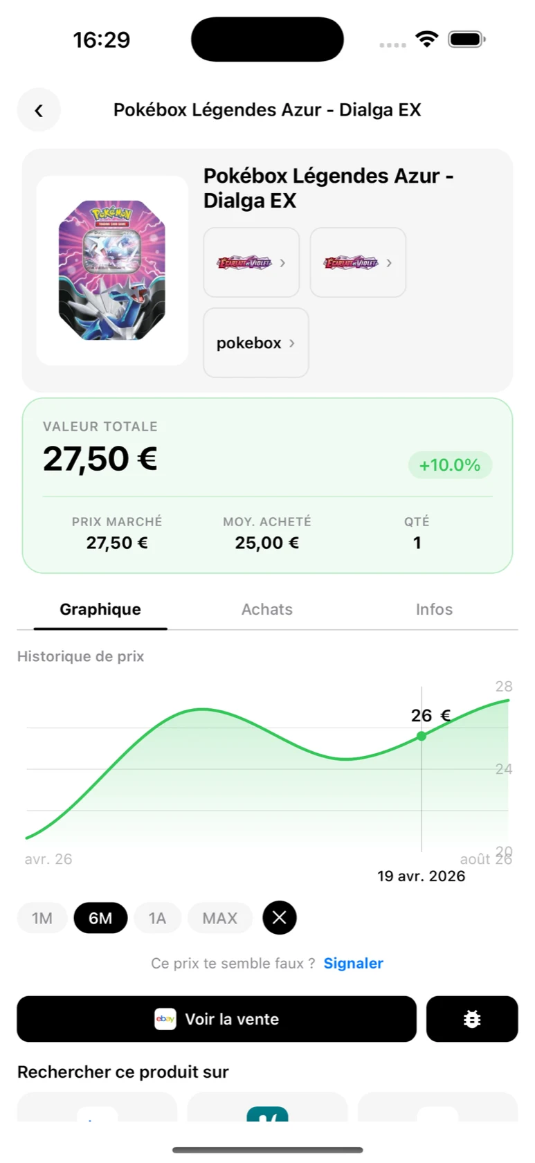 Point de vente sélectionné sur la courbe de la Pokébox Légendes Azur Dialga et bouton 'Voir la vente' dans BoostaCote