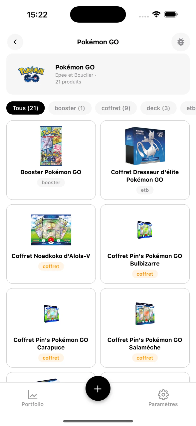 Page de la série Pokémon GO dans BoostaCote avec ses produits filtrables par type