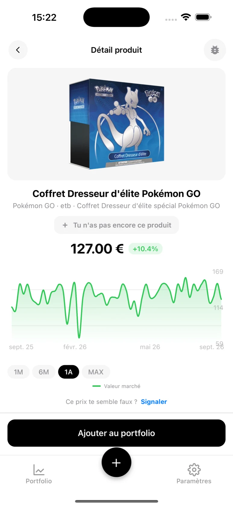 Fiche du Coffret Dresseur d'élite Pokémon GO dans BoostaCote avec sa courbe en baisse sur 1 an