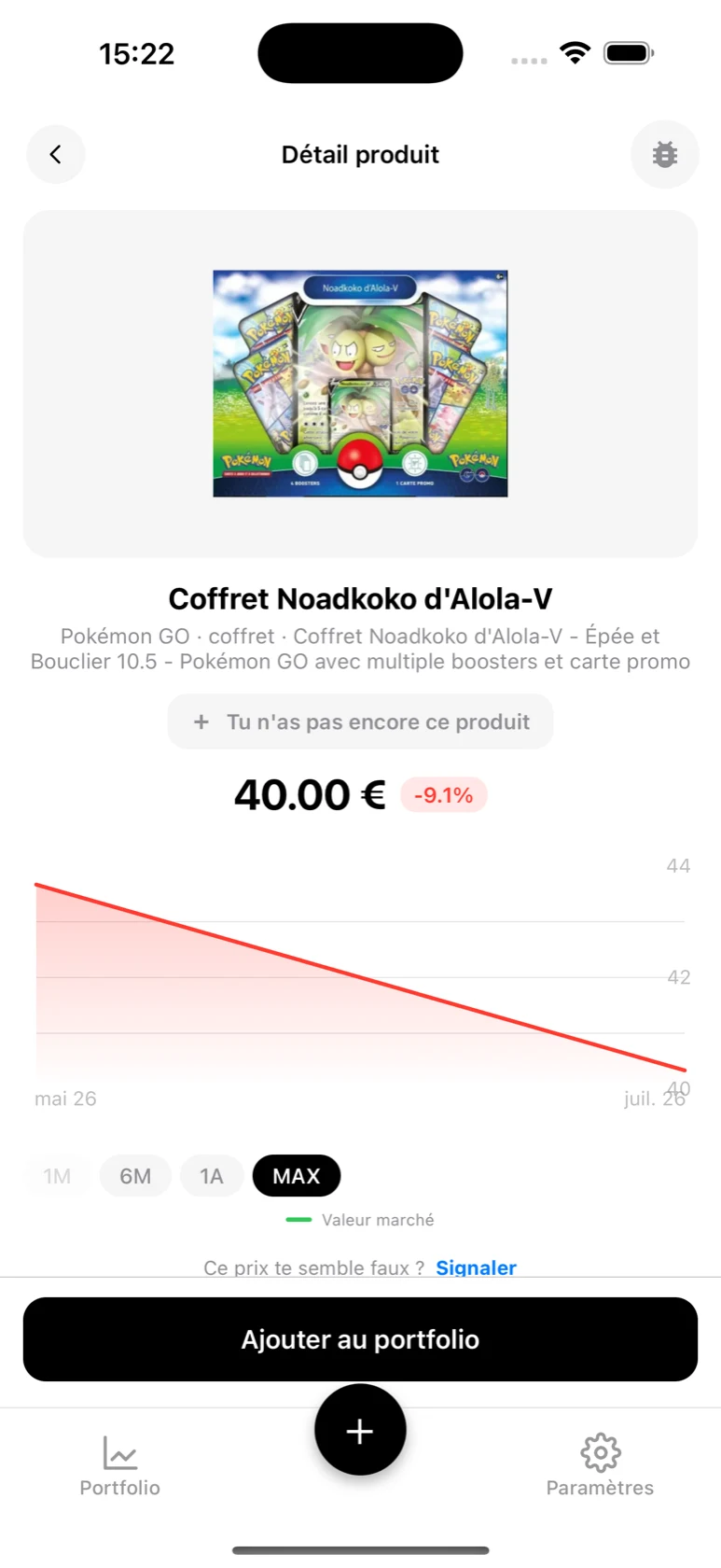 Fiche du Coffret Noadkoko d'Alola-V dans BoostaCote avec sa courbe en baisse sur tout l'historique