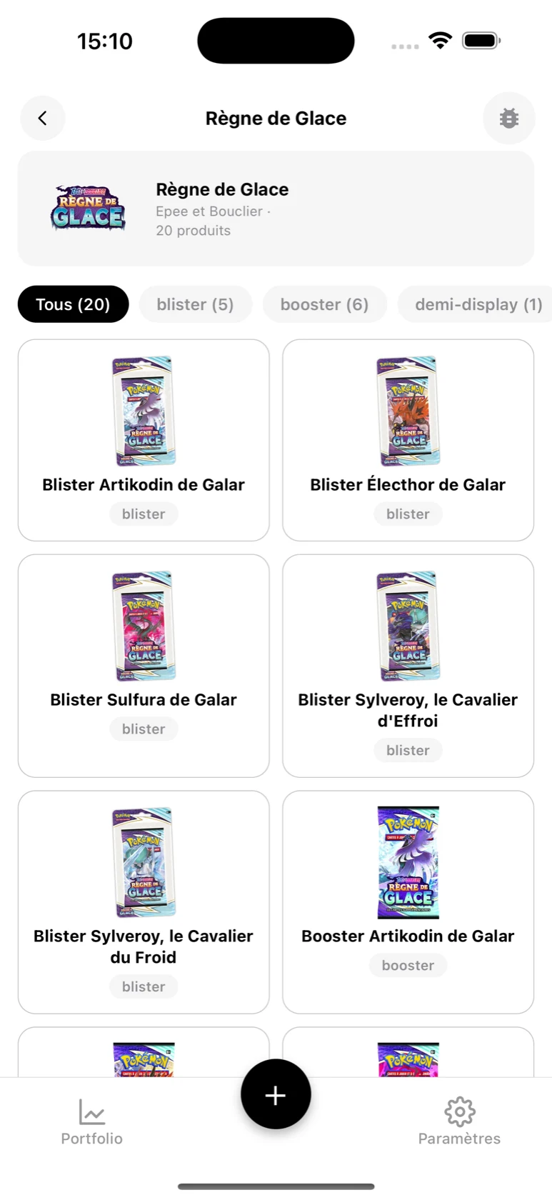 Page de la série Règne de Glace dans BoostaCote avec ses produits filtrables par type