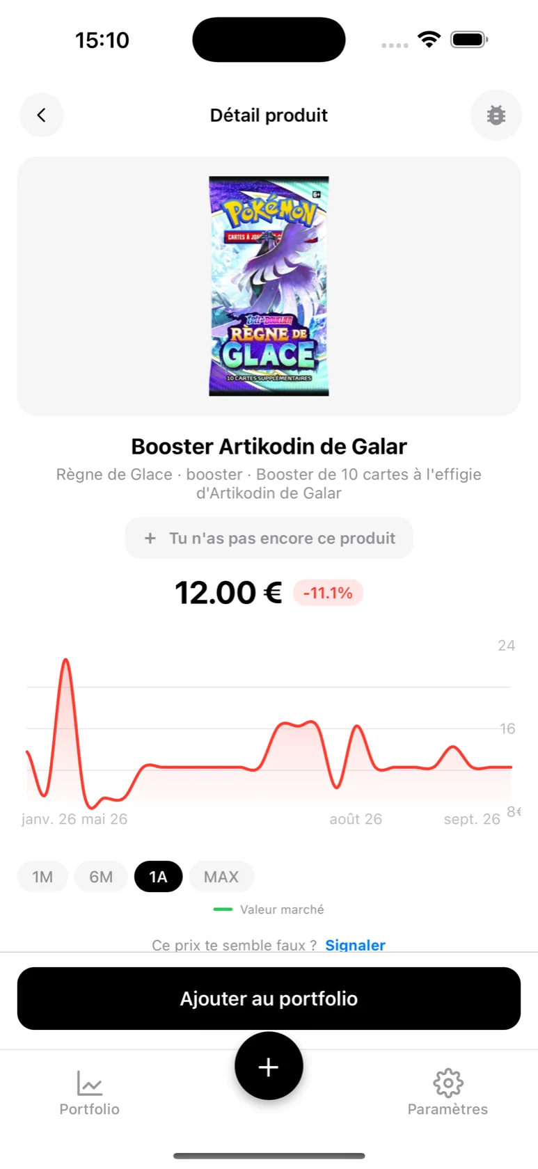 Fiche du Booster Artikodin de Galar dans BoostaCote avec sa courbe sur 1 an, en hausse
