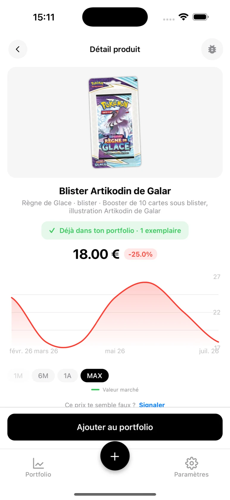 Fiche du Blister Artikodin de Galar dans BoostaCote avec sa courbe sur tout l'historique, en hausse