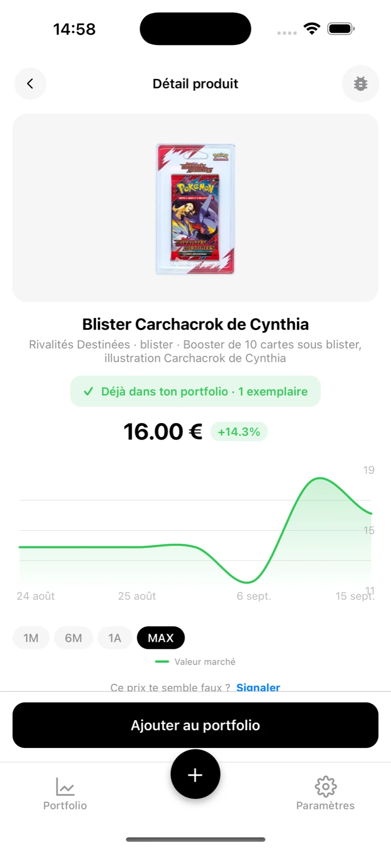 Fiche du Blister Carchacrok de Cynthia dans BoostaCote avec sa courbe depuis la sortie, en hausse