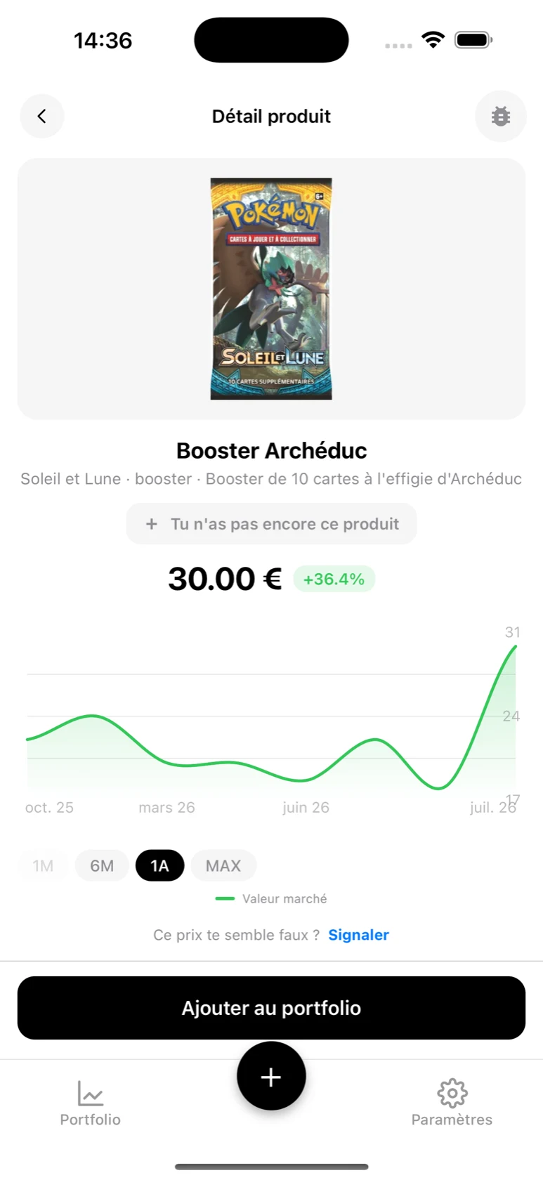Fiche du Booster Archéduc Soleil et Lune dans BoostaCote avec sa courbe en hausse sur un an