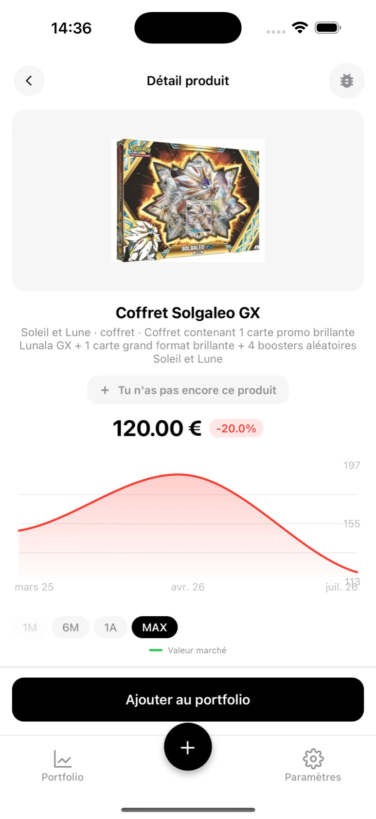 Fiche du Coffret Solgaleo GX dans BoostaCote avec sa courbe en baisse sur tout l'historique