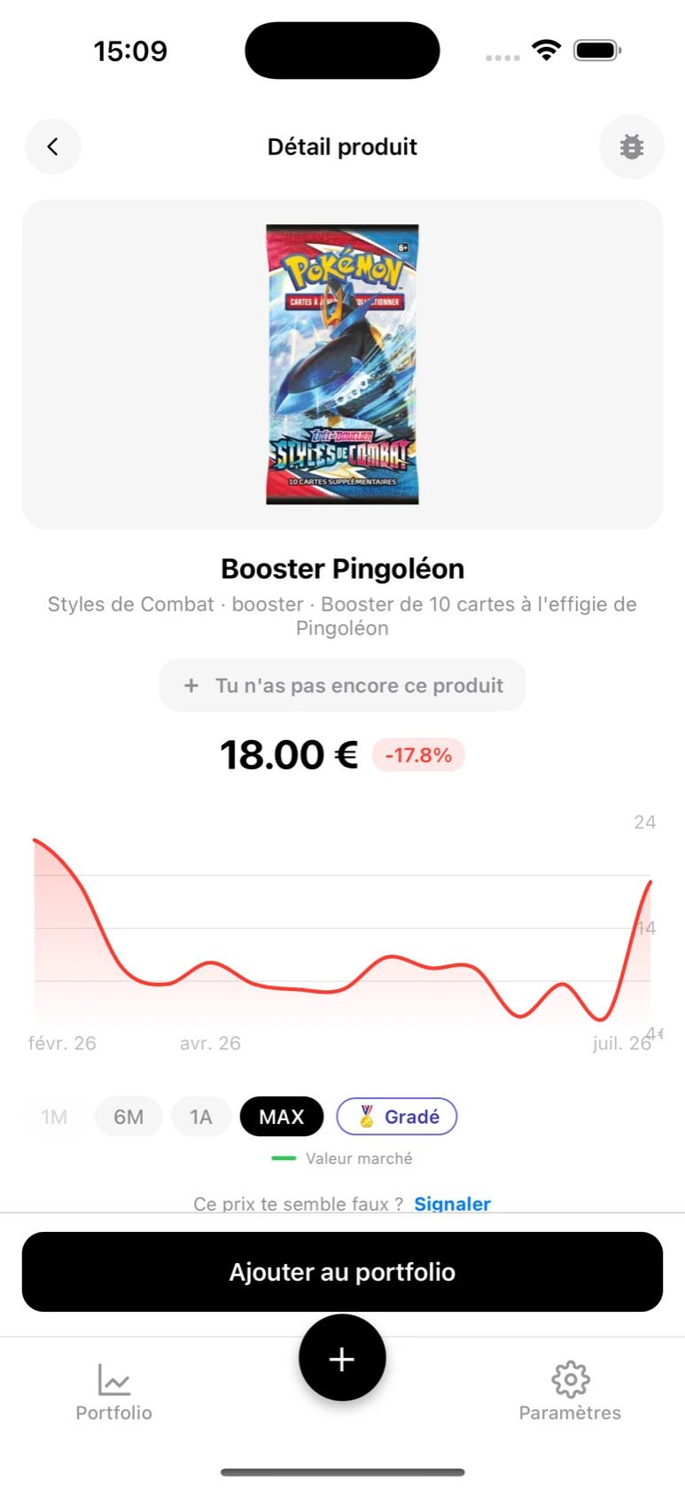 Fiche du Booster Pingoléon dans BoostaCote avec son prix et sa courbe sur tout l'historique