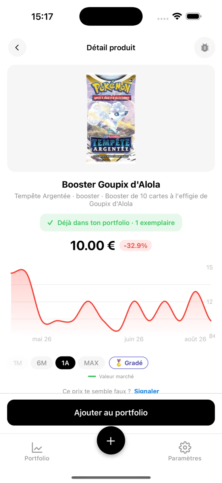 Fiche du booster Goupix d'Alola dans BoostaCote avec sa courbe sur 1 an, en hausse