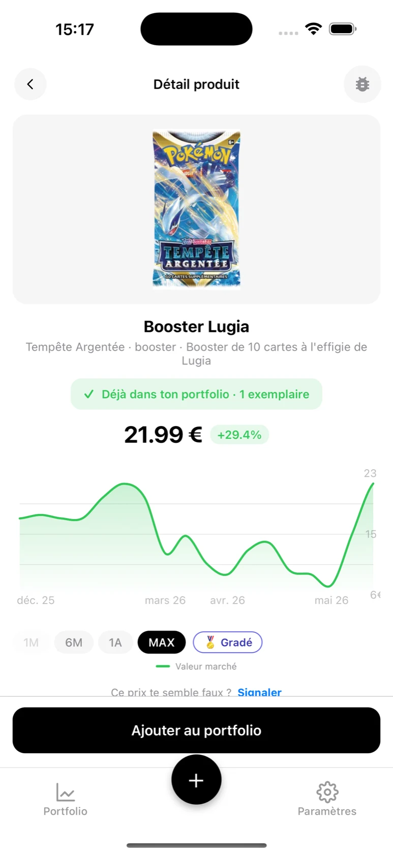 Fiche du booster Lugia dans BoostaCote avec sa courbe sur tout l'historique, en hausse