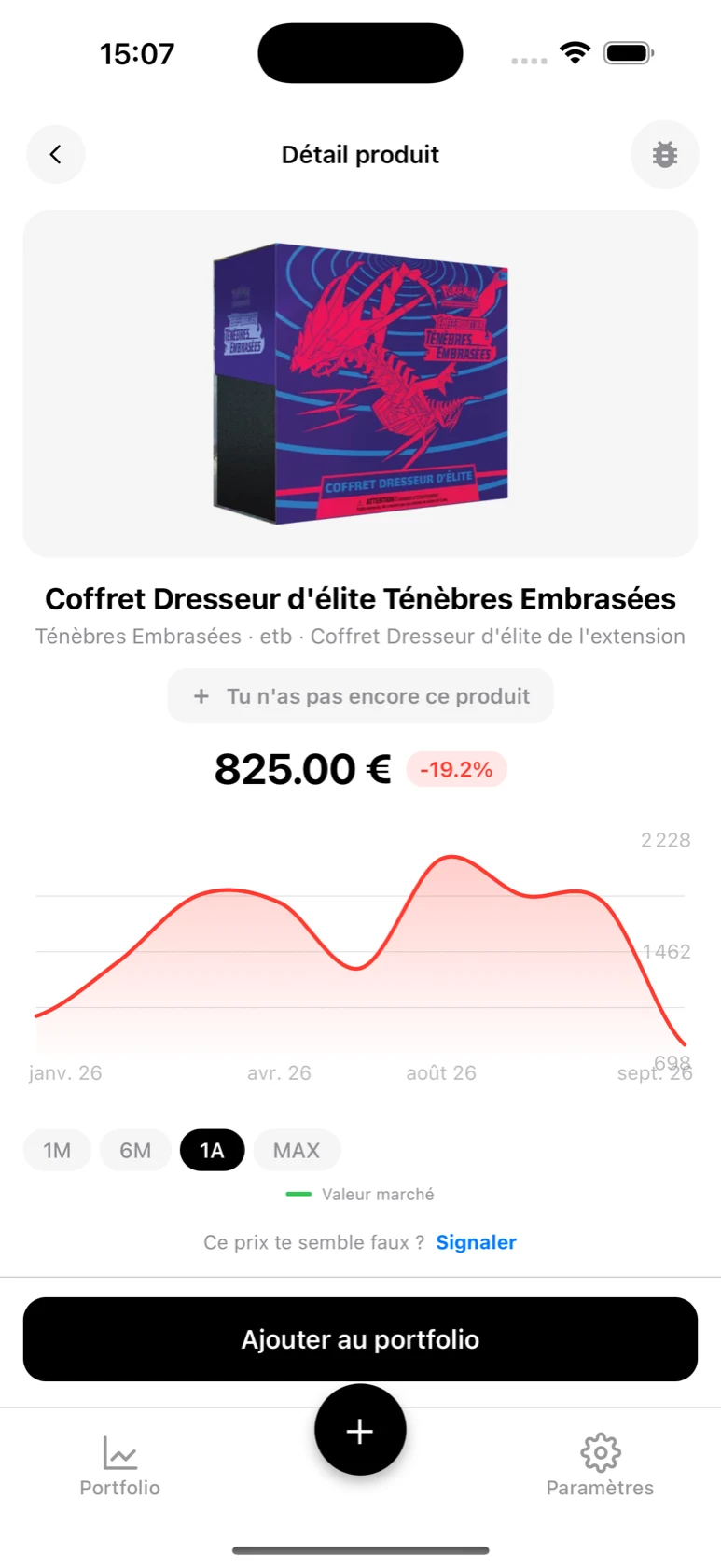 Fiche du Coffret Dresseur d'élite Ténèbres Embrasées dans BoostaCote avec son prix et sa courbe sur 1 an, orientée à la baisse