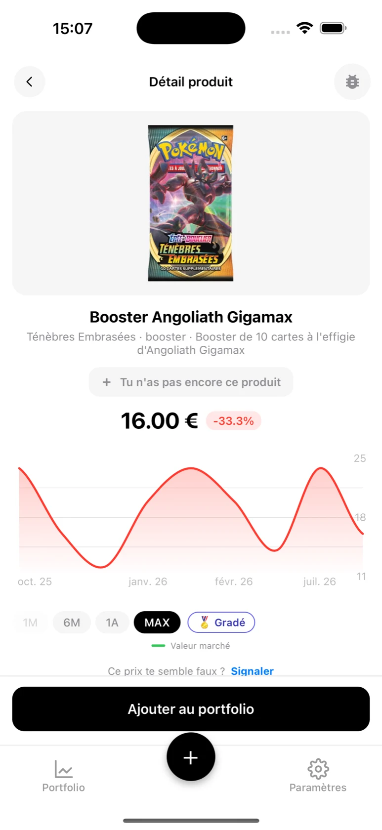 Fiche du Booster Angoliath Gigamax Ténèbres Embrasées dans BoostaCote avec sa courbe sur tout l'historique, orientée à la baisse