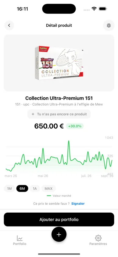 Fiche produit BoostaCote d'un UPC avec le prix et la courbe d'évolution