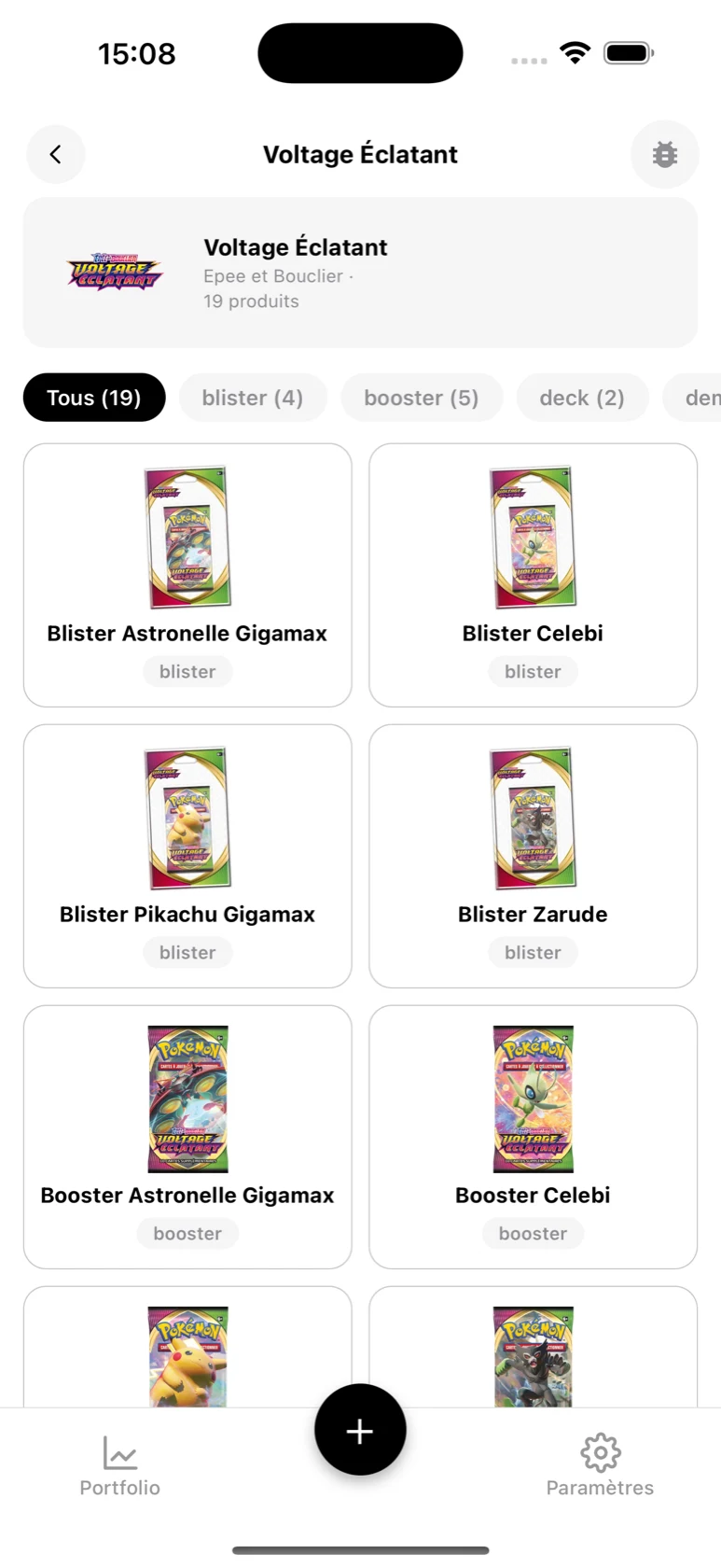 Page de la série Voltage Éclatant dans BoostaCote avec ses produits filtrables par type
