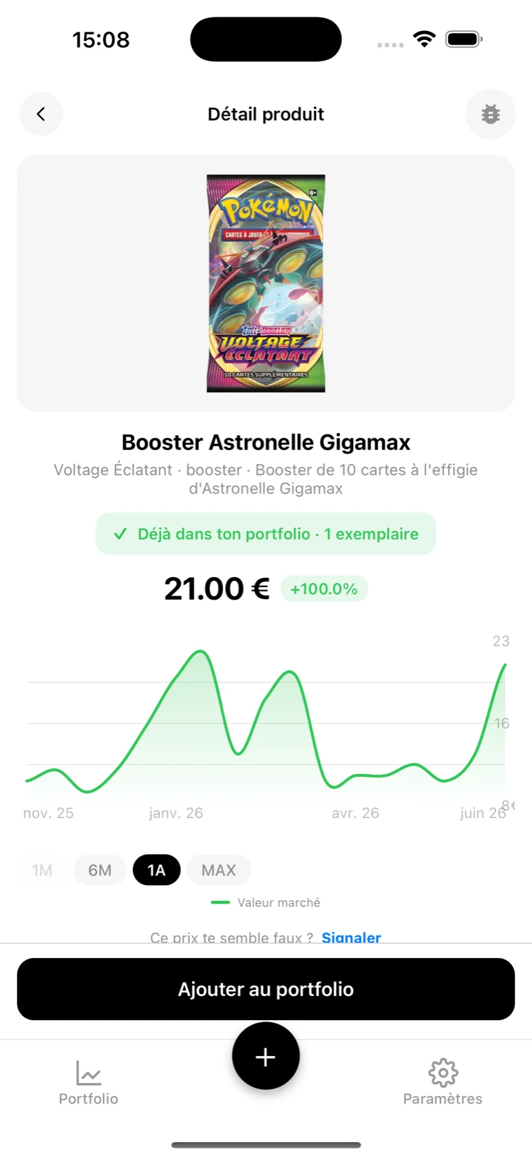 Fiche du Booster Astronelle Gigamax dans BoostaCote avec son prix et sa courbe sur 1 an